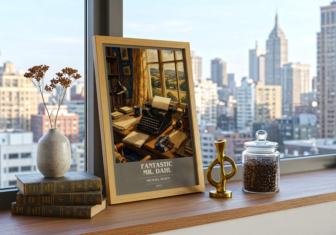 Fantastic Mr. Dahl book cover print framed by window – literary home decor