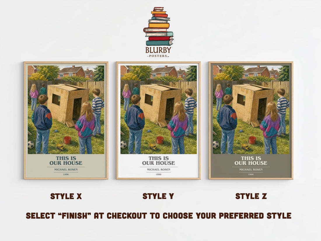 This is our house book cover print in frame leaning in hallway – childrens wall art (mockup)