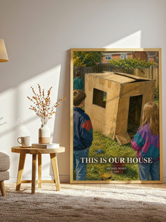 This is our house watercolour print in frame leaning in hallway – childrens wall art