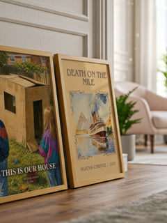 This is our house watercolour print framed by window – literary home decor