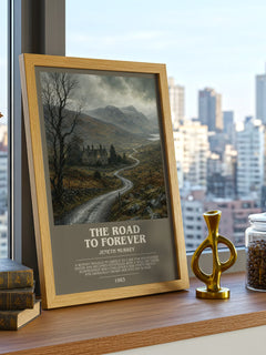 The road to forever bookish print framed by window – literary home decor