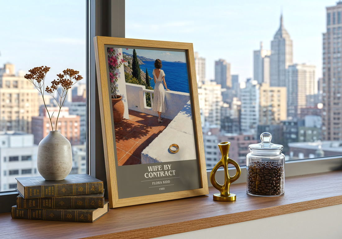 Wife by Contract book cover print framed by window – literary home decor