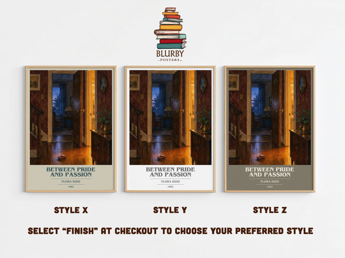 Between Pride and Passion book cover print in frame leaning in hallway – romance wall art (mockup)