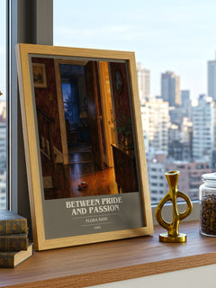 Between Pride and Passion book cover print framed by window – literary home decor