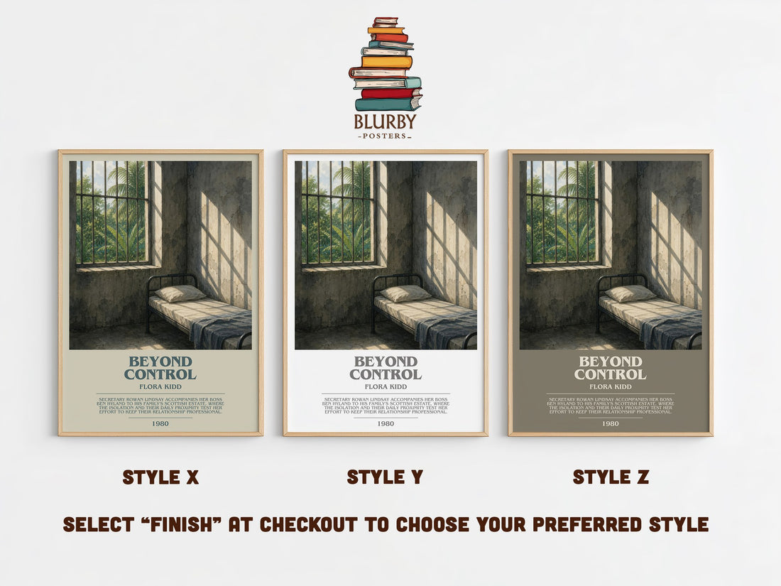 Beyond Control bookish print in frame leaning in hallway – romance wall art (mockup)