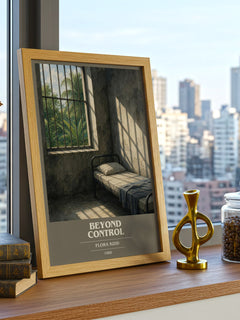 Beyond Control book cover print framed by window – literary home decor