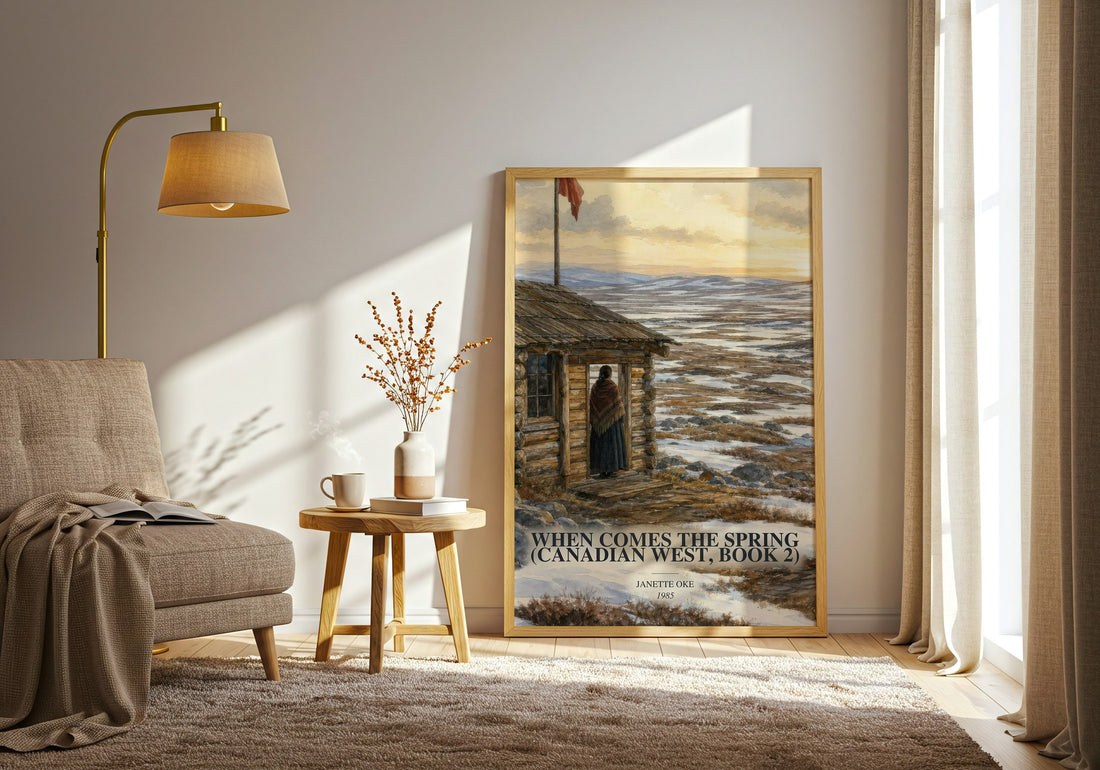 When Comes the Spring (Canadian West, Book 2) watercolour print in frame leaning in hallway – historical fiction wall art
