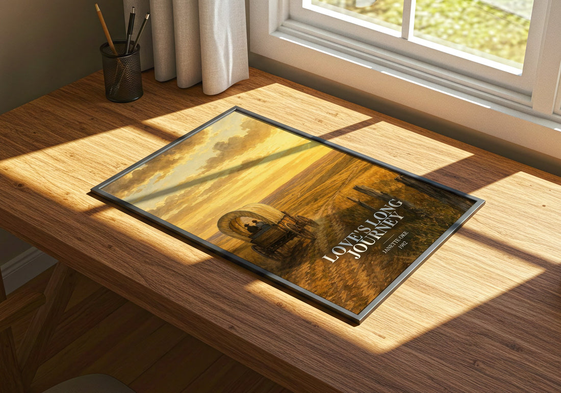 Love's long journey watercolour book poster framed on wall – romance wall art