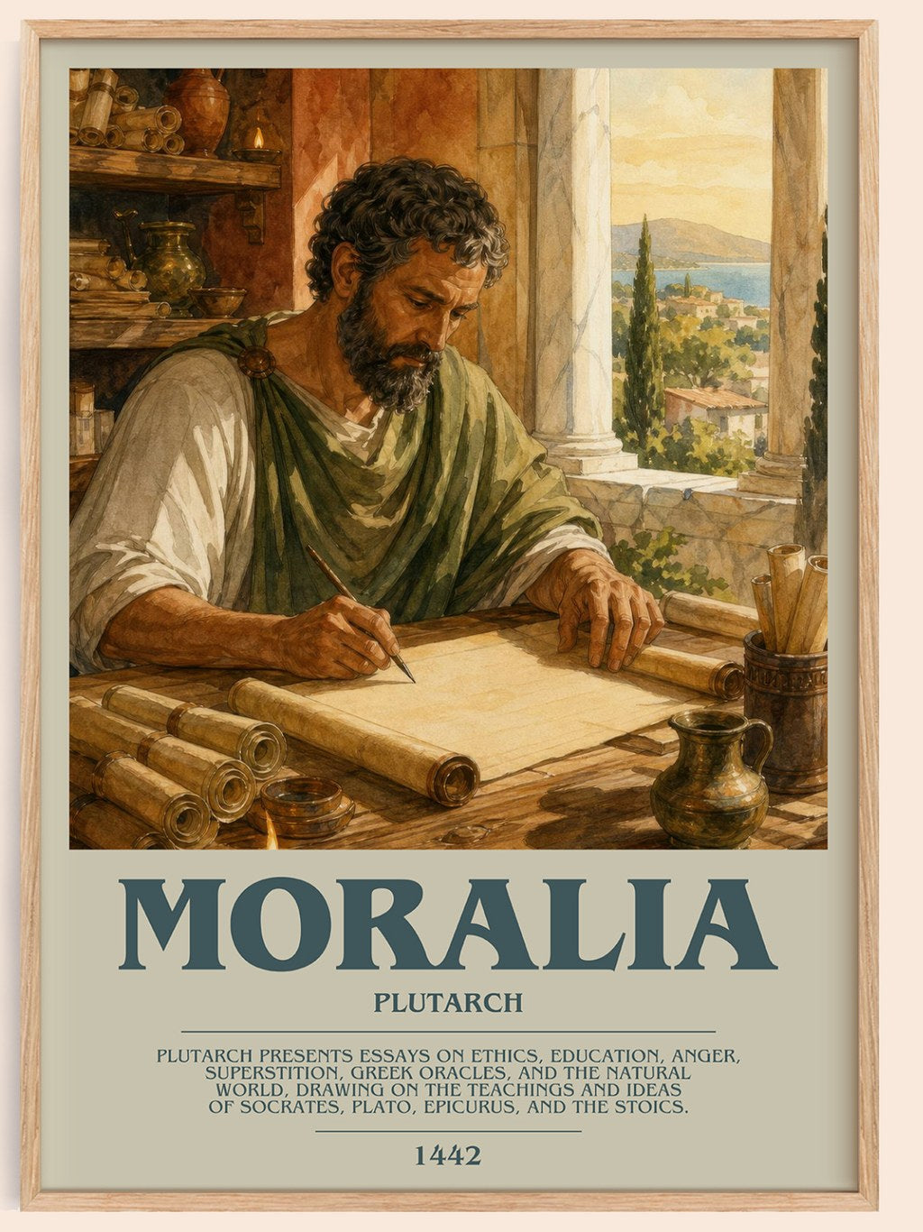 Moralia bookish book poster by Plutarch – framed literary art print