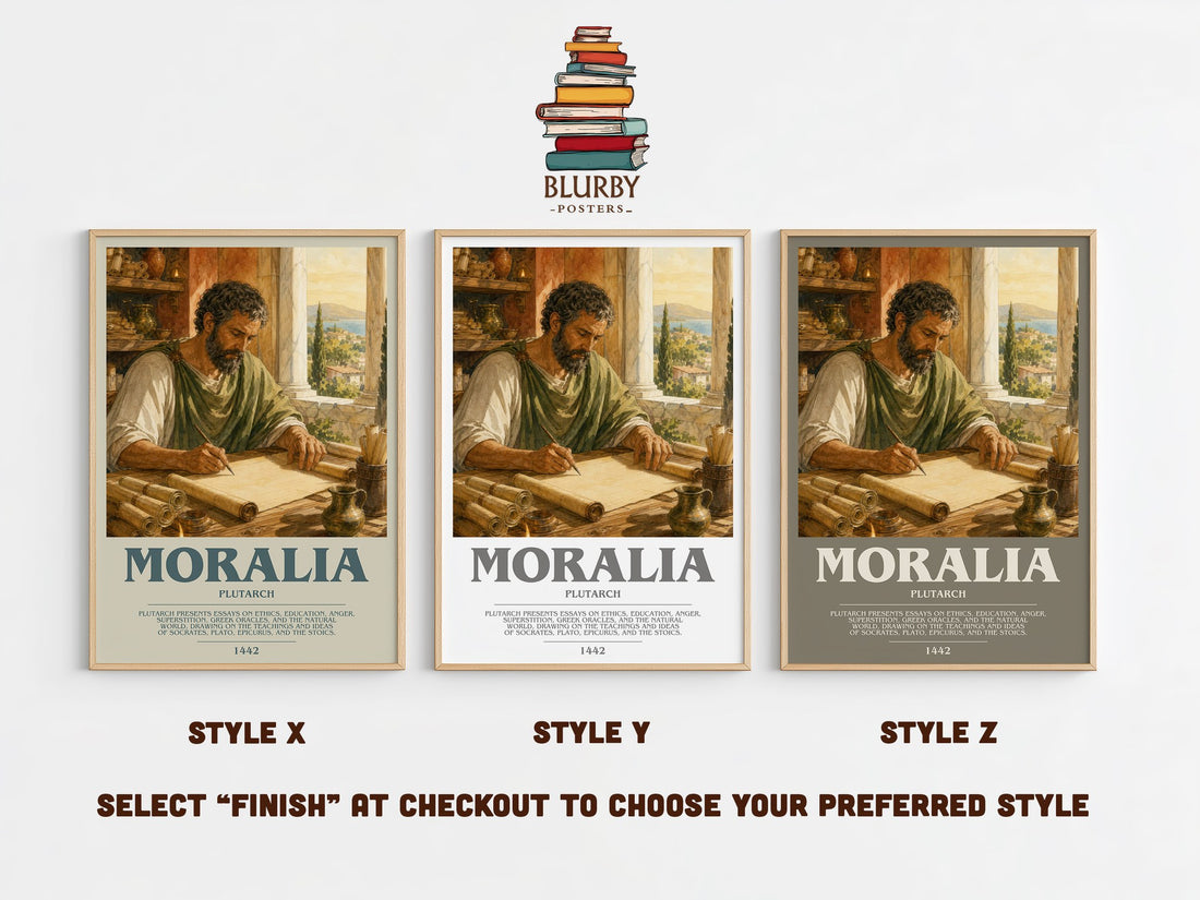 Moralia bookish print in frame leaning in hallway – philosophy wall art (mockup)
