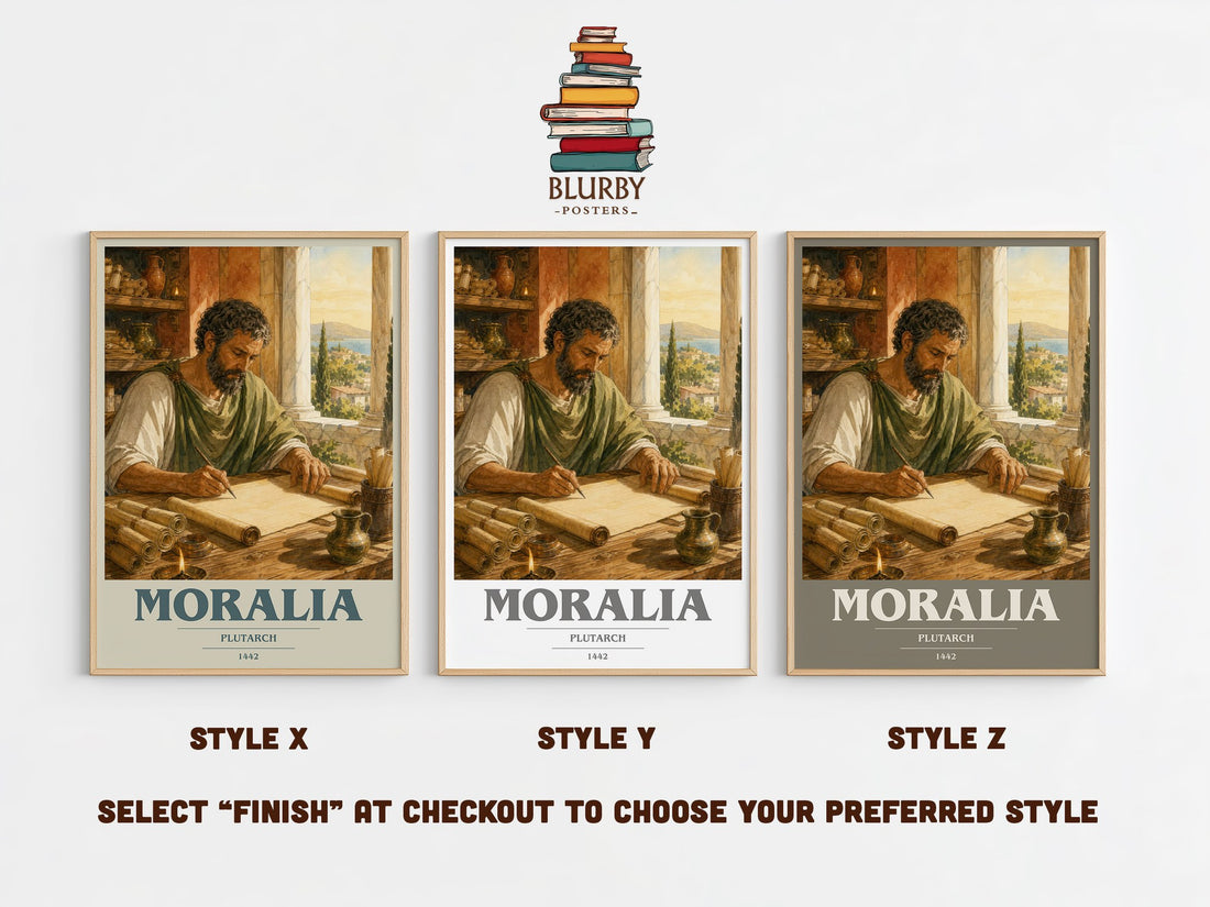 Moralia book cover print in frame leaning in hallway – philosophy wall art (mockup)