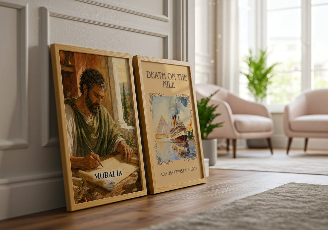 Moralia watercolour print framed by window – literary home decor