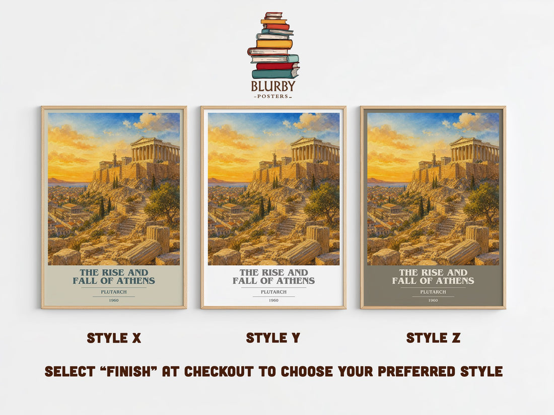The rise and fall of Athens book cover print in frame leaning in hallway – non fiction wall art (mockup)