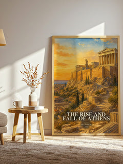 The rise and fall of Athens watercolour print in frame leaning in hallway – non fiction wall art