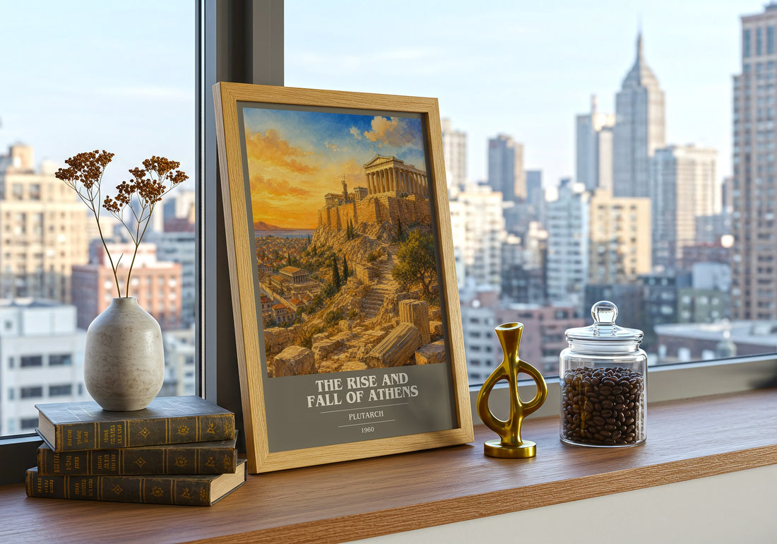 The rise and fall of Athens book cover print framed by window – literary home decor