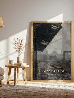 Trainspotting watercolour print in frame leaning in hallway – contemporary fiction wall art