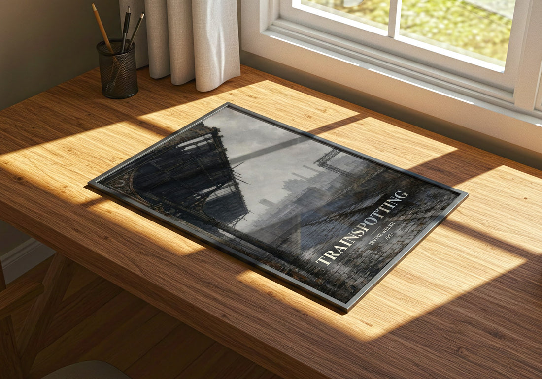 Trainspotting watercolour book poster framed on wall – contemporary fiction wall art