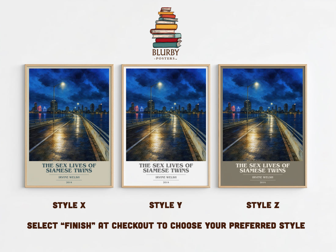 The Sex Lives Of Siamese Twins book cover print in frame leaning in hallway – contemporary fiction wall art (mockup)