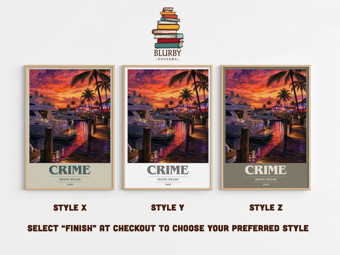 Crime book cover print in frame leaning in hallway – crime wall art (mockup)