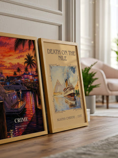 Crime watercolour print framed by window – literary home decor