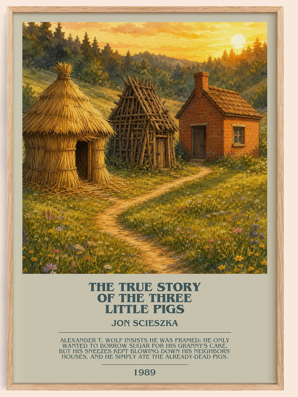 The True Story of the Three Little Pigs bookish book poster by Jon Scieszka – framed literary art print
