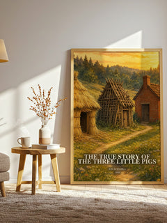 The True Story of the Three Little Pigs watercolour print in frame leaning in hallway – childrens wall art