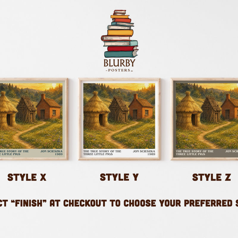 The True Story of the Three Little Pigs literary print in frame leaning in hallway – childrens wall art