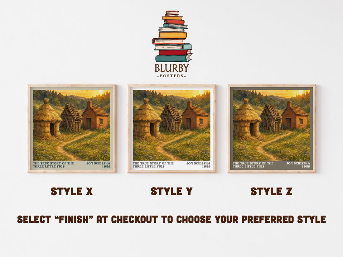 The True Story of the Three Little Pigs literary print in frame leaning in hallway – childrens wall art (mockup)