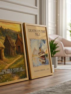 The True Story of the Three Little Pigs watercolour print framed by window – literary home decor