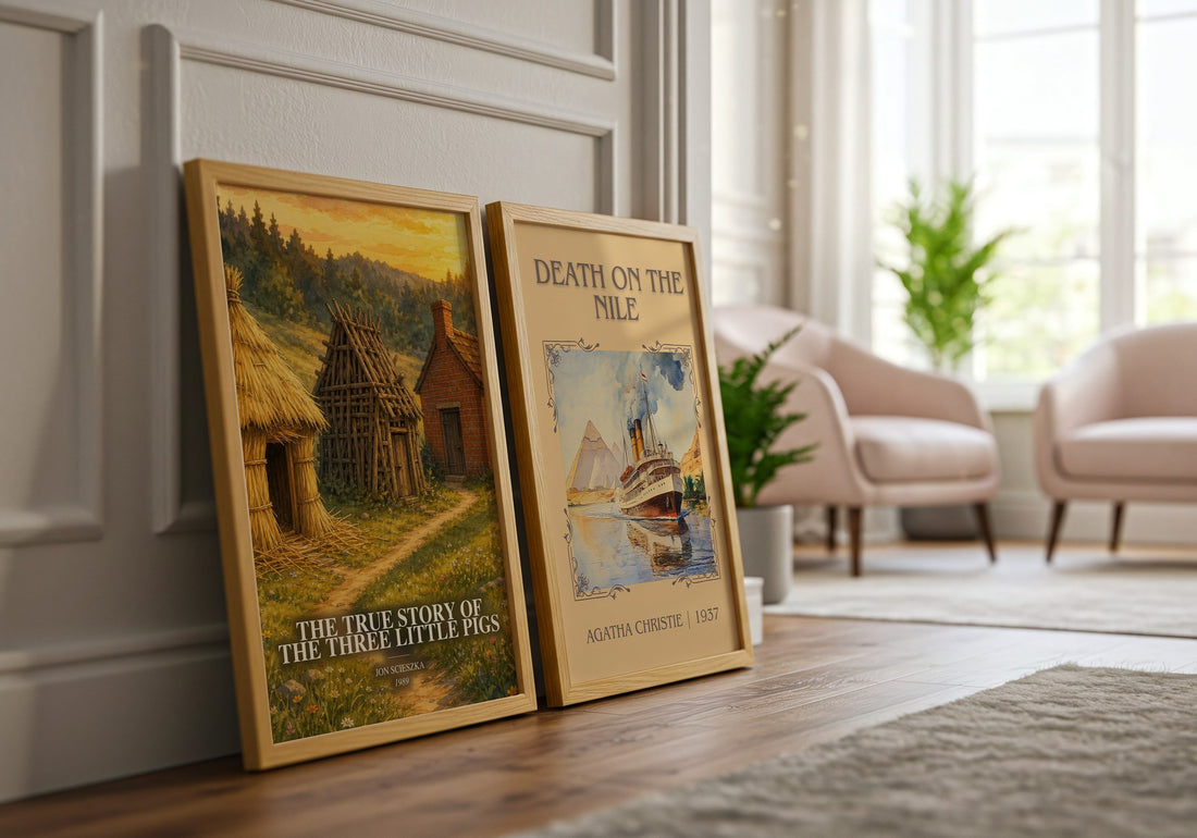 The True Story of the Three Little Pigs watercolour print framed by window – literary home decor