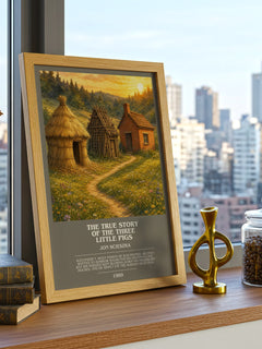 The True Story of the Three Little Pigs bookish print framed by window – literary home decor