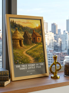 The True Story of the Three Little Pigs book cover print framed by window – literary home decor