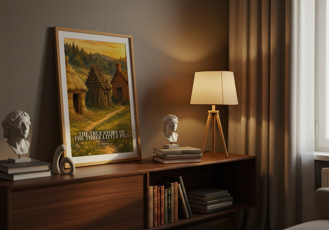 The True Story of the Three Little Pigs watercolour print on bookshelf – Jon Scieszka fan gift