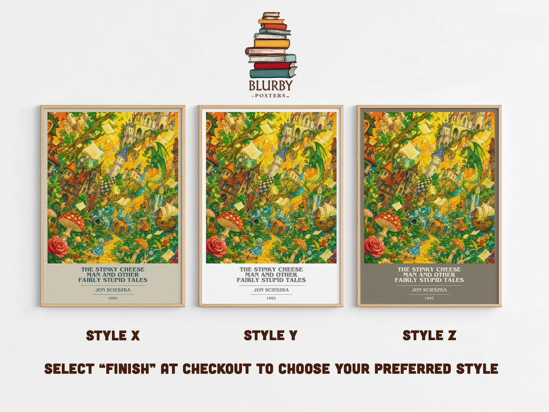The Stinky Cheese Man and Other Fairly Stupid Tales book cover print in frame leaning in hallway – childrens wall art (mockup)