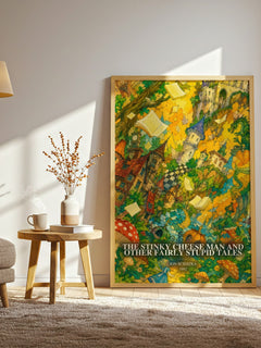 The Stinky Cheese Man and Other Fairly Stupid Tales watercolour print in frame leaning in hallway – childrens wall art