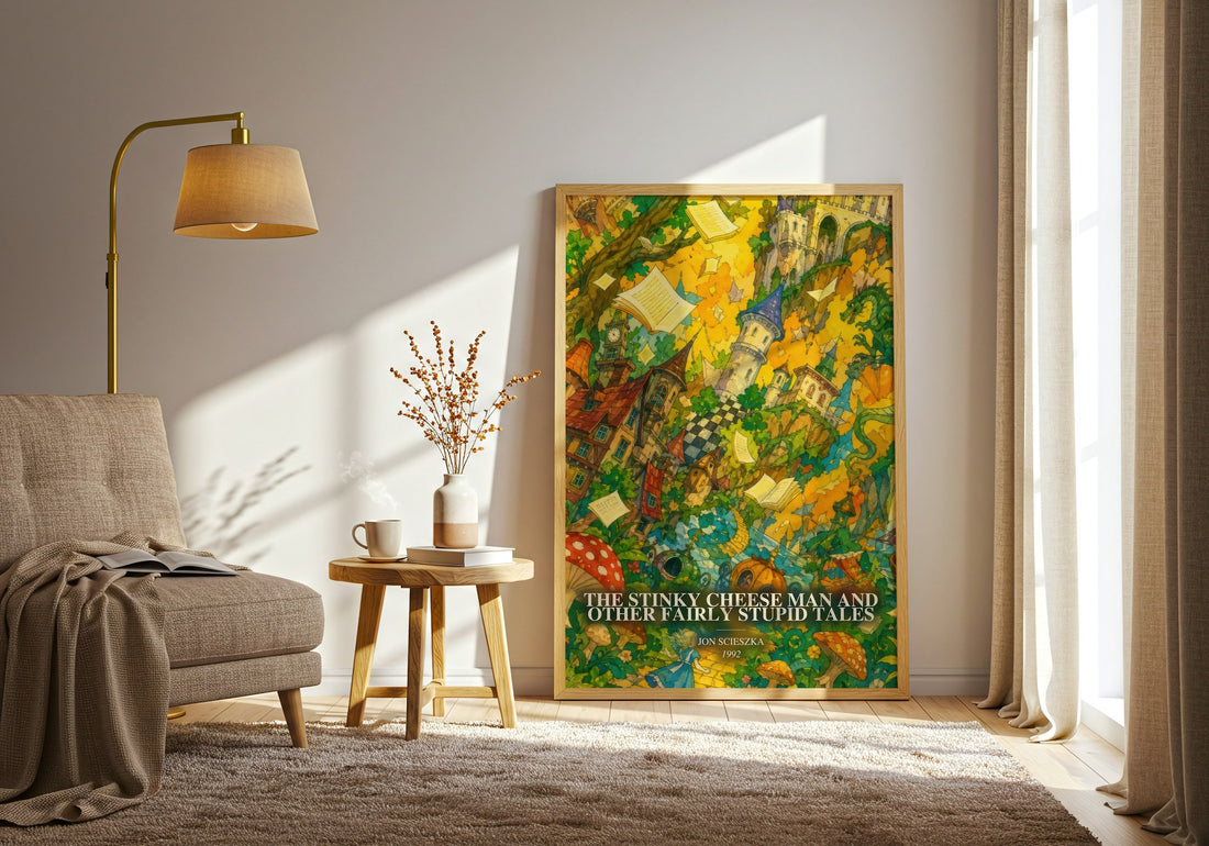 The Stinky Cheese Man and Other Fairly Stupid Tales watercolour print in frame leaning in hallway – childrens wall art