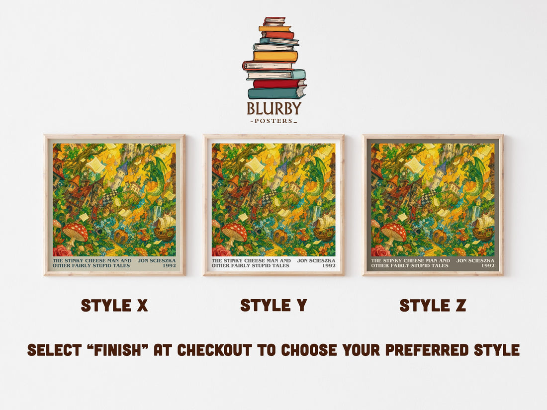 The Stinky Cheese Man and Other Fairly Stupid Tales literary print in frame leaning in hallway – childrens wall art (mockup)