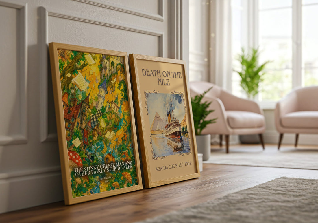 The Stinky Cheese Man and Other Fairly Stupid Tales watercolour print framed by window – literary home decor