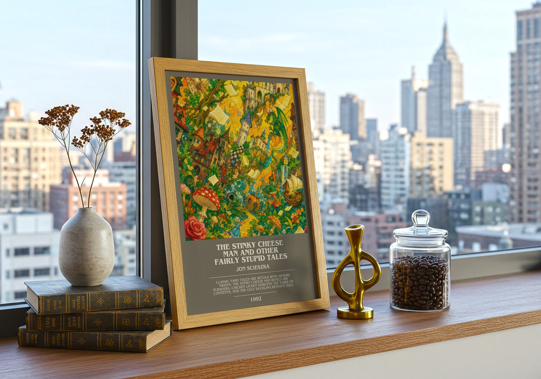 The Stinky Cheese Man and Other Fairly Stupid Tales bookish print framed by window – literary home decor