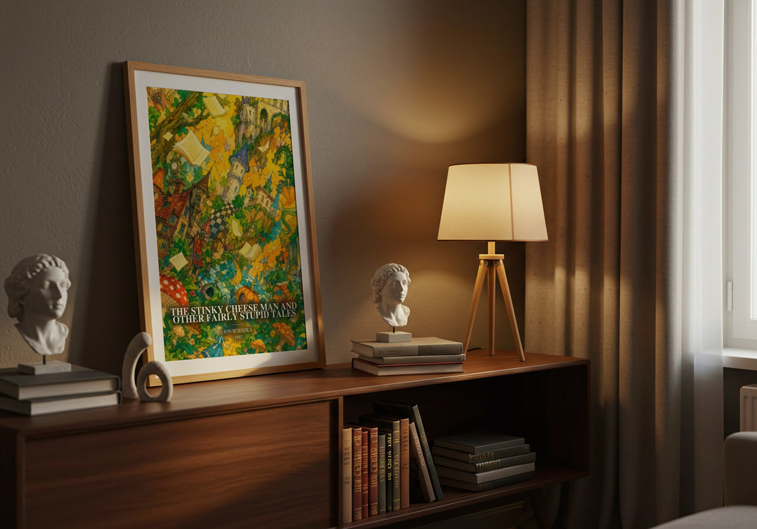 The Stinky Cheese Man and Other Fairly Stupid Tales watercolour print on bookshelf – Jon Scieszka fan gift