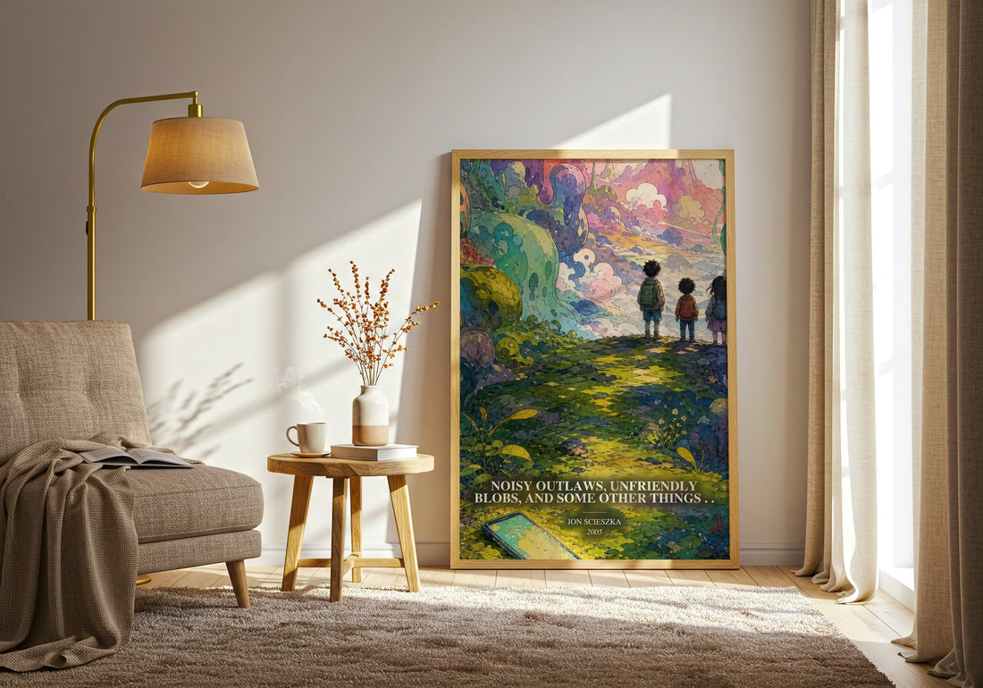 Noisy Outlaws, Unfriendly Blobs, and Some Other Things . . watercolour print in frame leaning in hallway – childrens wall art
