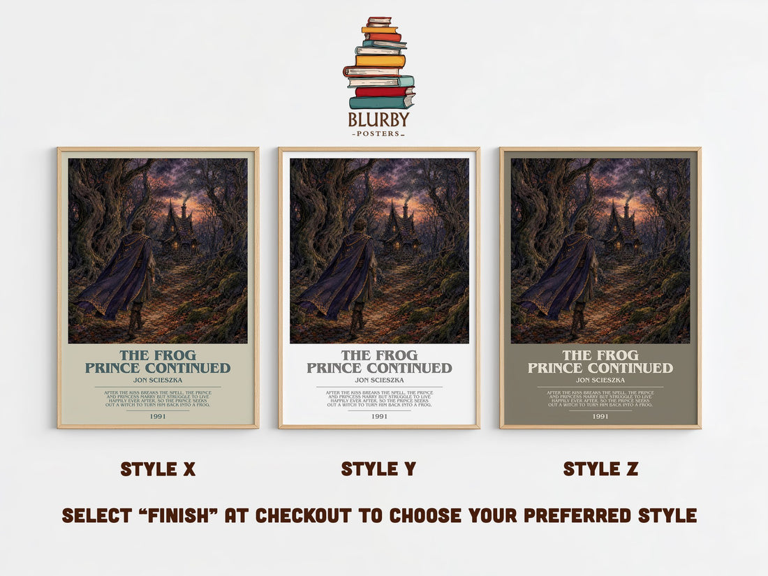 The Frog Prince Continued bookish print in frame leaning in hallway – childrens wall art (mockup)