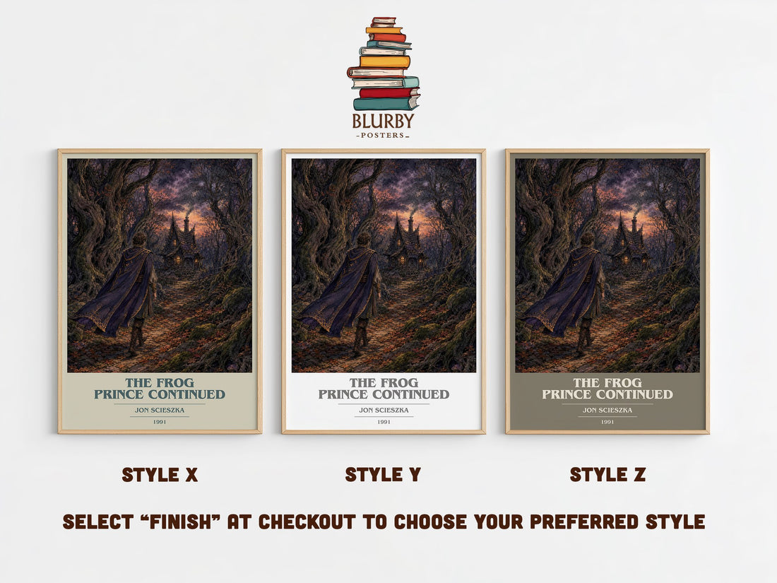 The Frog Prince Continued book cover print in frame leaning in hallway – childrens wall art (mockup)