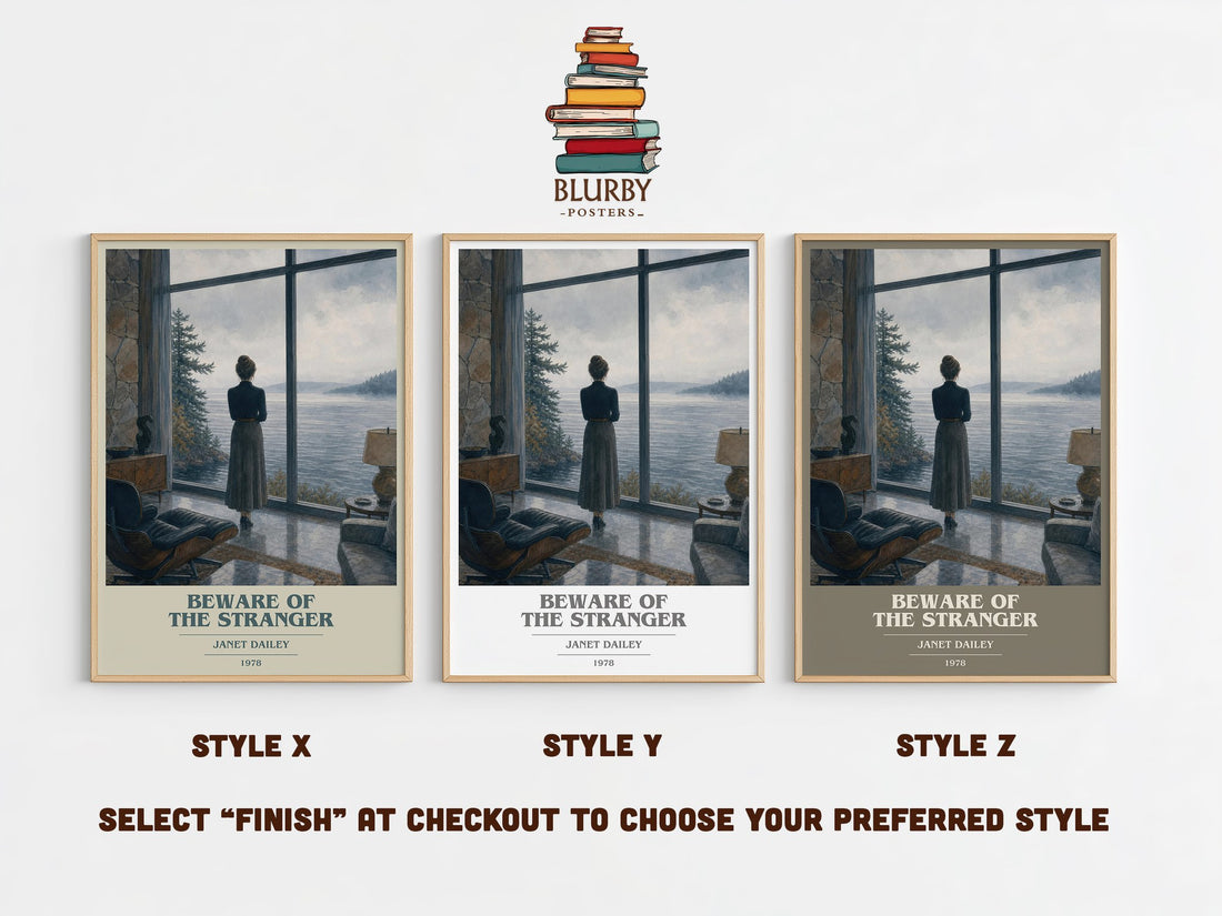 Beware of the Stranger book cover print in frame leaning in hallway – romance wall art (mockup)