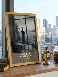Beware of the Stranger book cover print framed by window – literary home decor