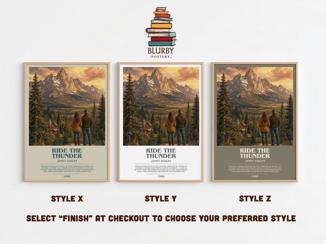 Ride the thunder bookish print in frame leaning in hallway – romance wall art (mockup)