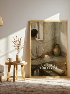 A manual for living watercolour print in frame leaning in hallway – philosophy wall art