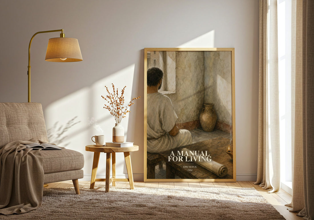 A manual for living watercolour print in frame leaning in hallway – philosophy wall art