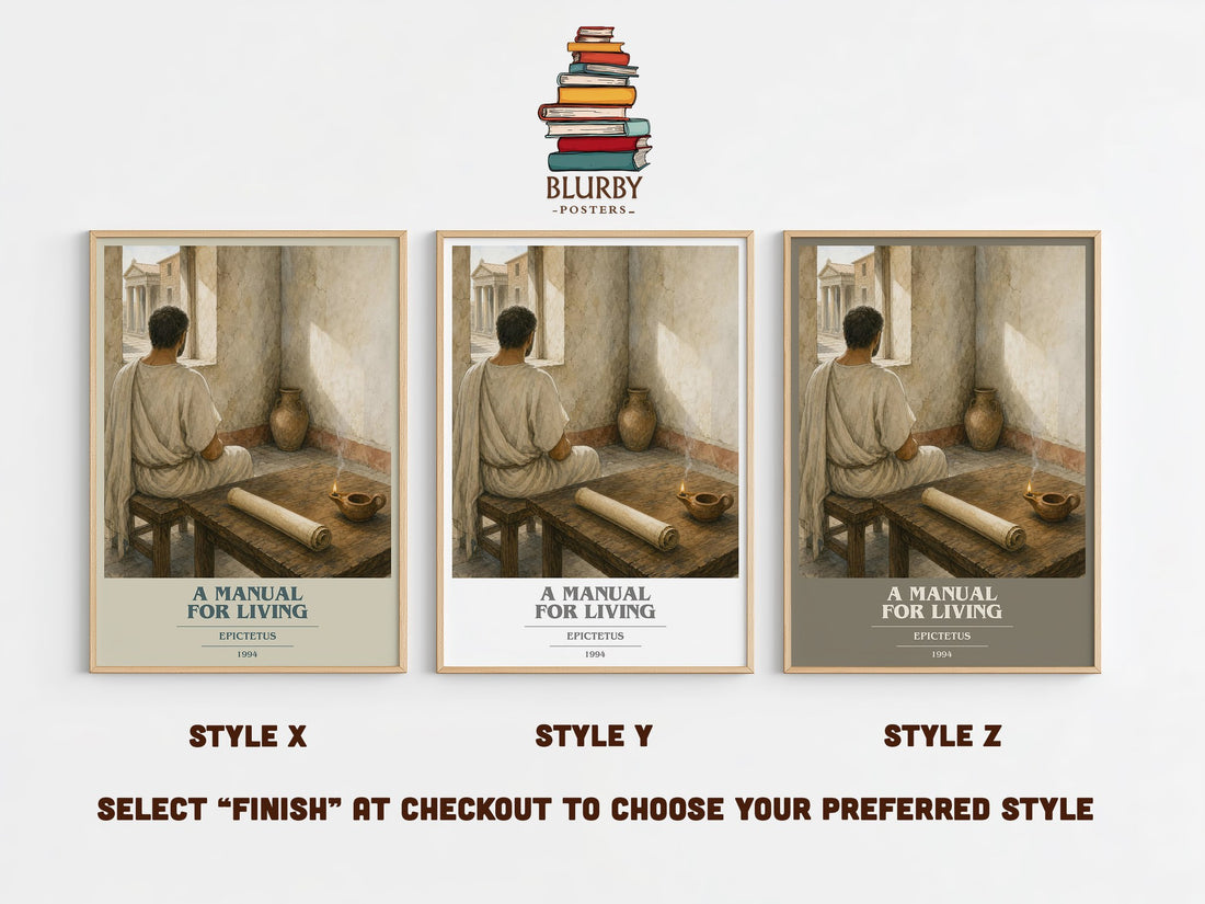 A manual for living book cover print in frame leaning in hallway – philosophy wall art (mockup)