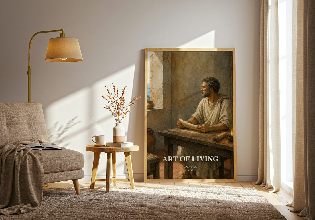 Art of Living watercolour print in frame leaning in hallway – philosophy wall art